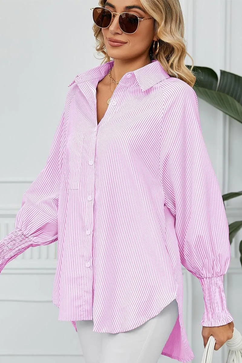 CUFF DRAW PLEATED LOOSE STRIPE COLLAR SHIRTS