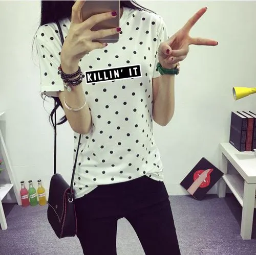 Dandeqi 2017 Summer Women's T-shirt Casual Clothes Girls Tops O-neck Polka Dotted Printed T-shirt For Lady Short Sleeves Tees