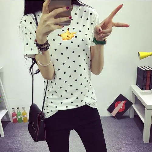 Dandeqi 2017 Summer Women's T-shirt Casual Clothes Girls Tops O-neck Polka Dotted Printed T-shirt For Lady Short Sleeves Tees