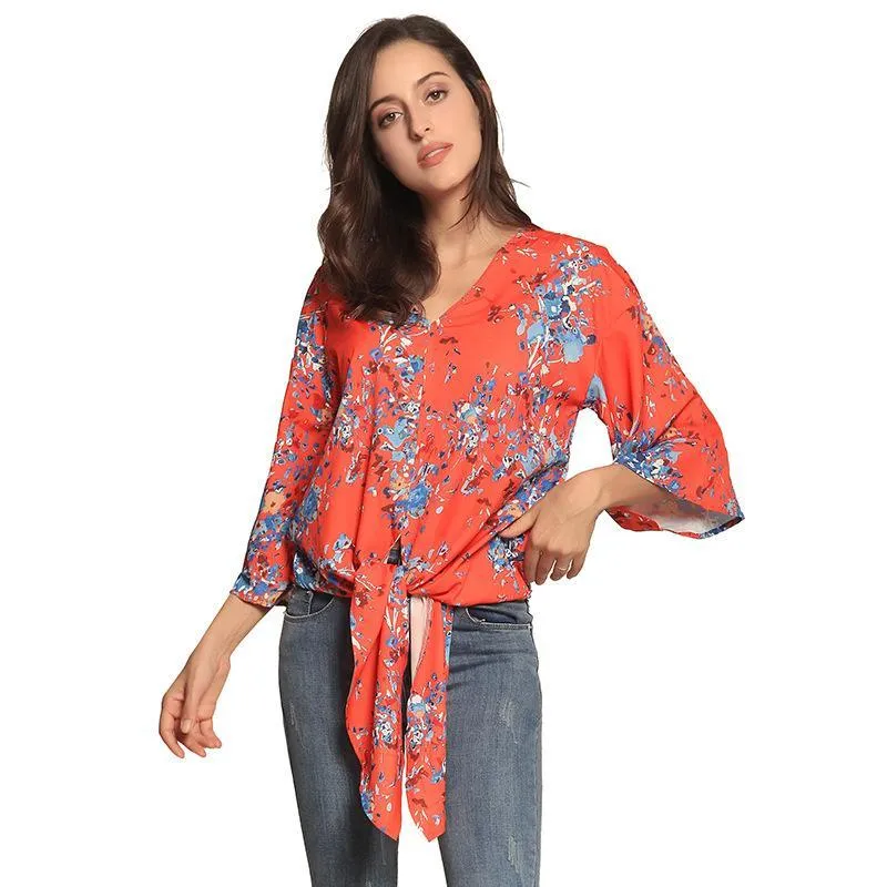 Digital Printed Floral Large Size Strap Fashion Chiffon Top