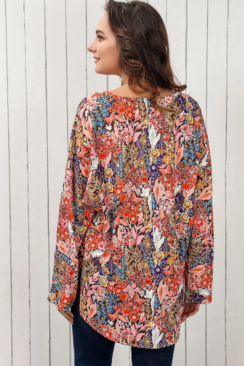 Double Take Woven Right Floral V-Neck Long Sleeve Blouse