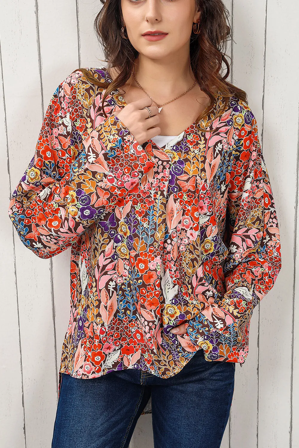 Double Take Woven Right Floral V-Neck Long Sleeve Blouse