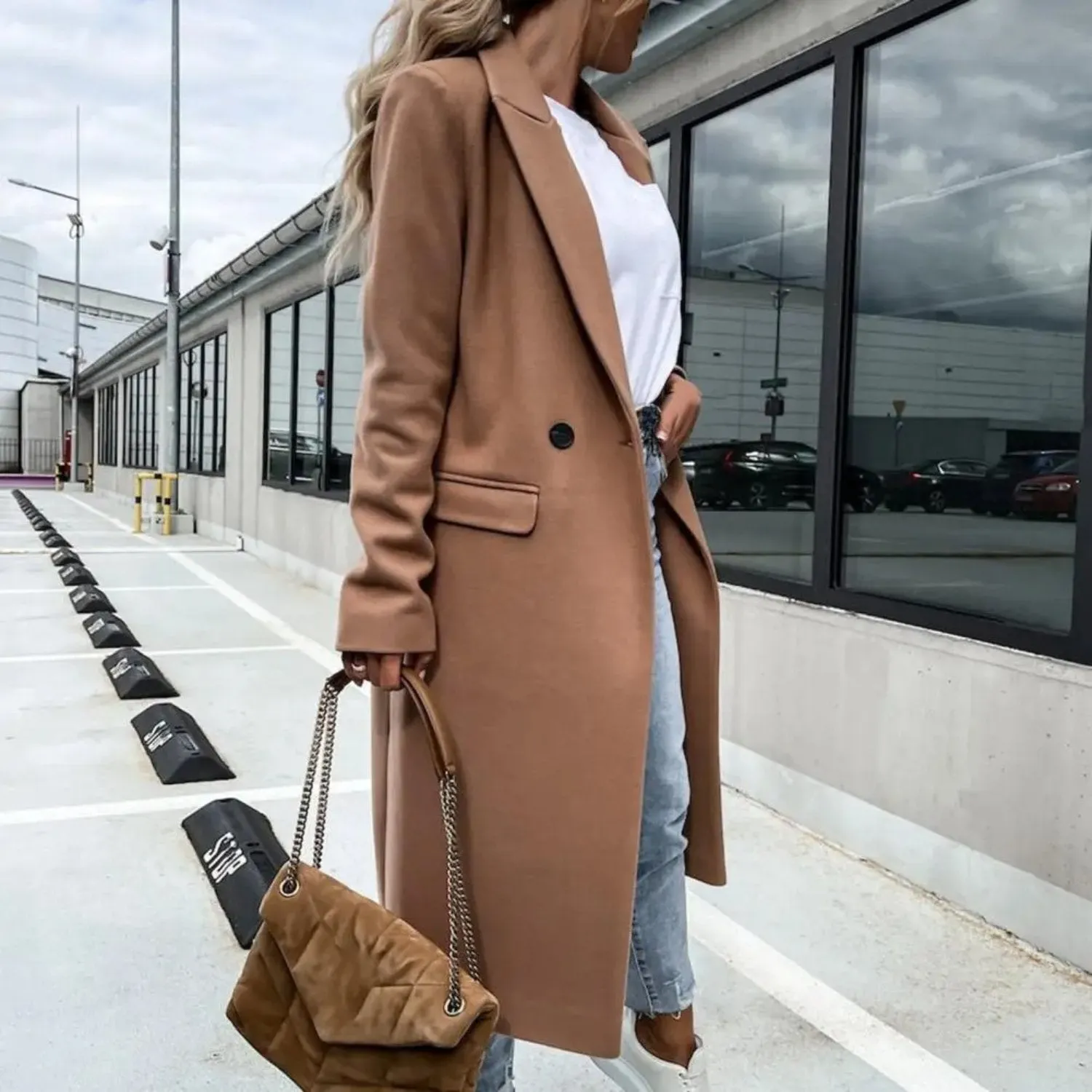 Elegant Double-Breasted Long Coat for Women