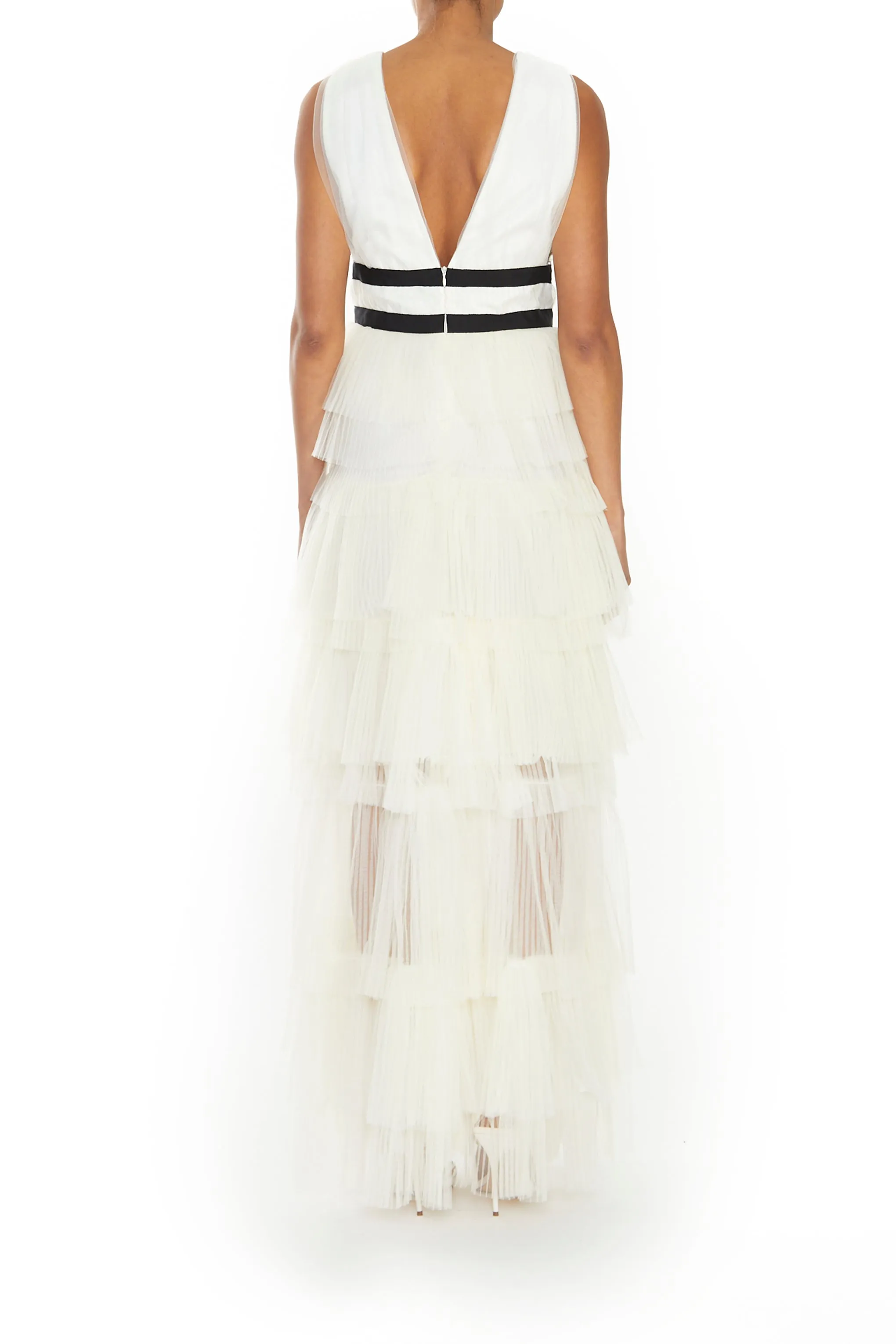 Eliza Cream Plunging Neck Layered Tulle Skirt Maxi-Dress