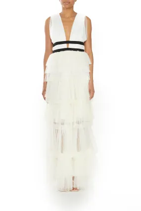 Eliza Cream Plunging Neck Layered Tulle Skirt Maxi-Dress