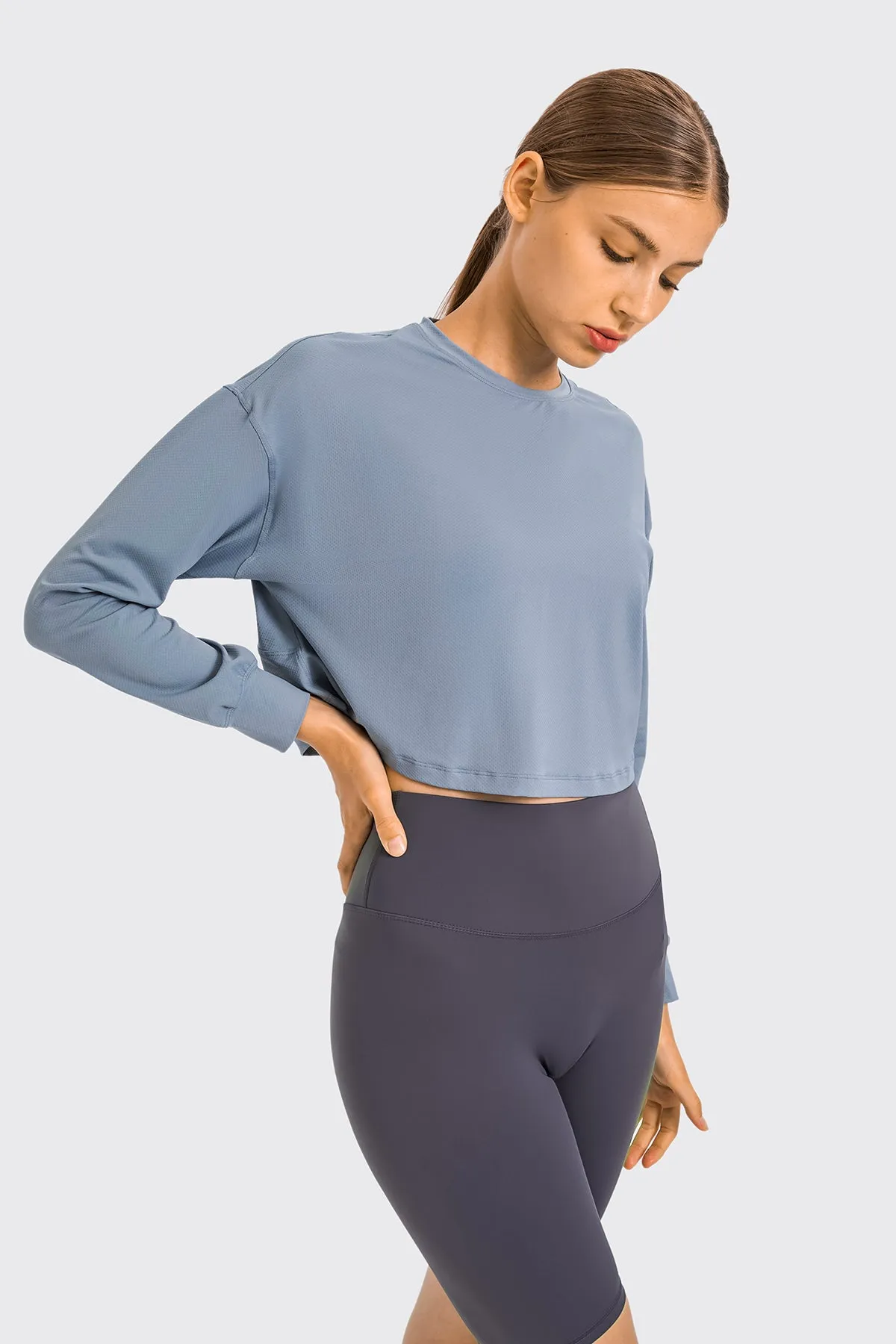 Embossed Loose Fit Long Sleeve Sports T-Shirt