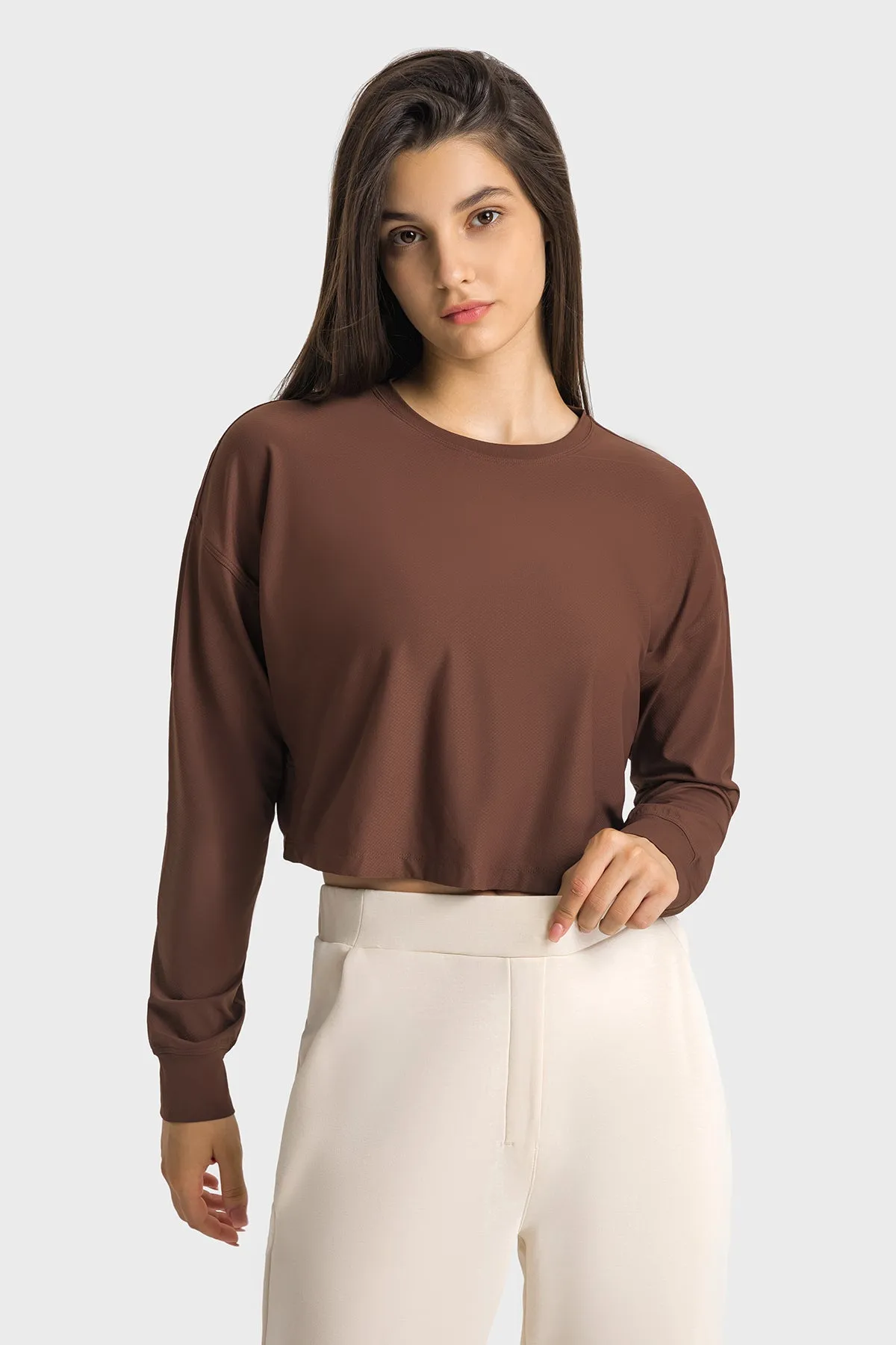 Embossed Loose Fit Long Sleeve Sports T-Shirt