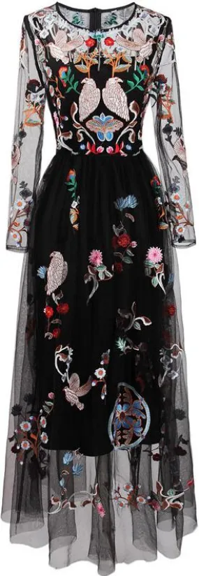 Embroidered Mesh Maxi Dress - Black or Cream