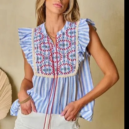 Embroidered Tassel Striped Tie Neck Blouse