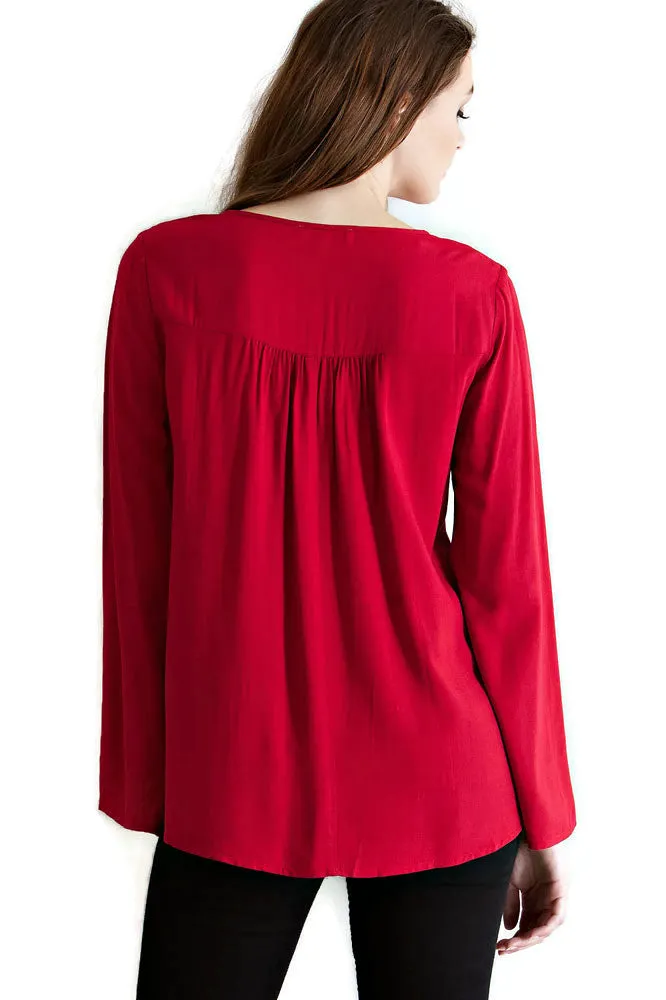 Embroidered Tassel Tie Top, Red