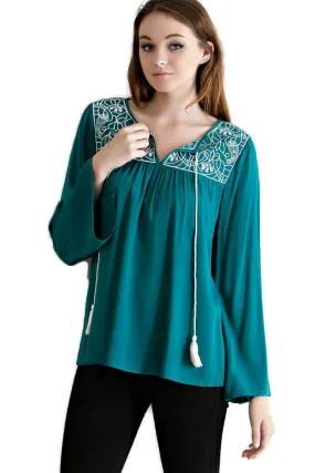 Embroidered Tassel Tie Top, Teal