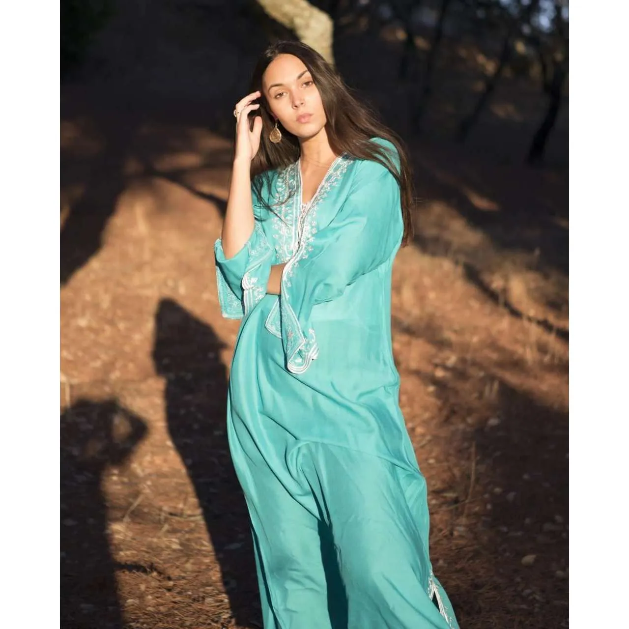 Emerald Green with White Caftan Kaftan Nadia Maxi Dress-moroccan kaftan