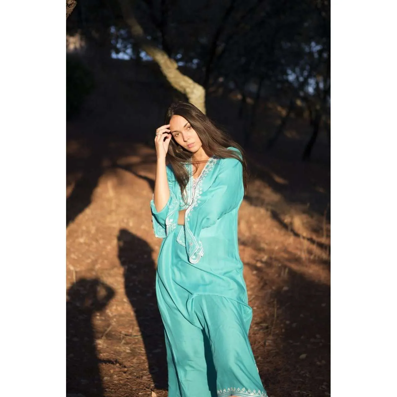 Emerald Green with White Caftan Kaftan Nadia Maxi Dress-moroccan kaftan