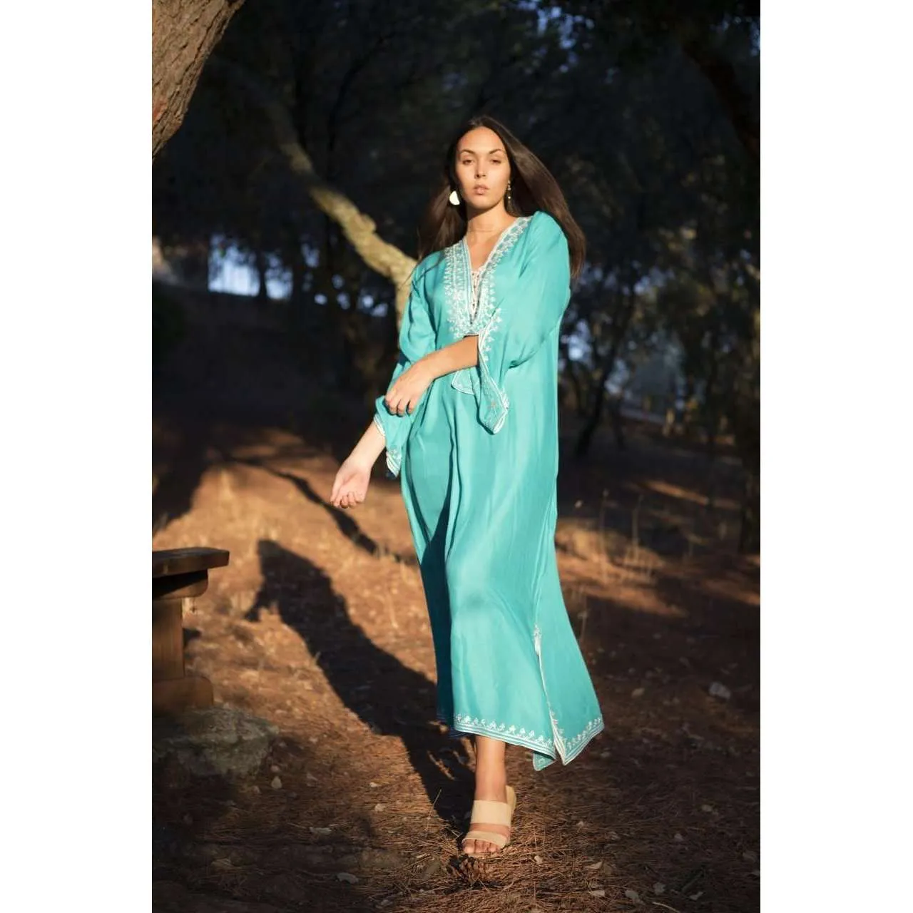 Emerald Green with White Caftan Kaftan Nadia Maxi Dress-moroccan kaftan