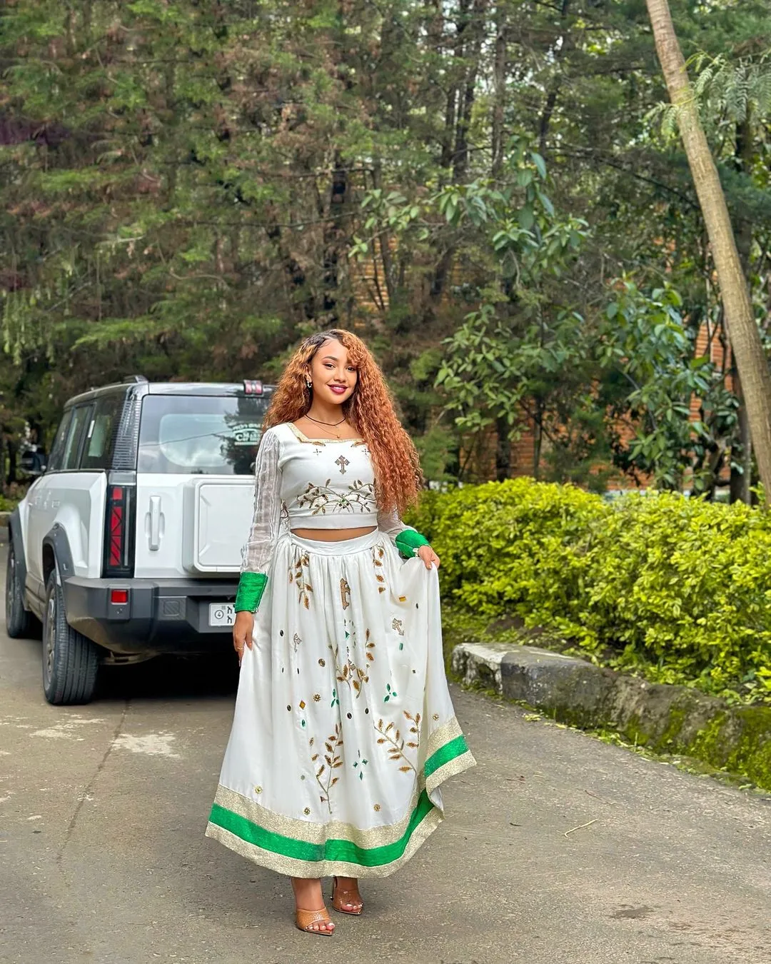 Endearing Green Ornamented Crop Top and Skirt Habesha Dress: for Your Special Events Traditional Ethiopian Dress