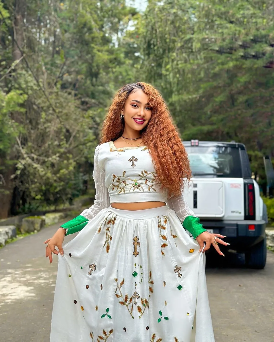 Endearing Green Ornamented Crop Top and Skirt Habesha Dress: for Your Special Events Traditional Ethiopian Dress