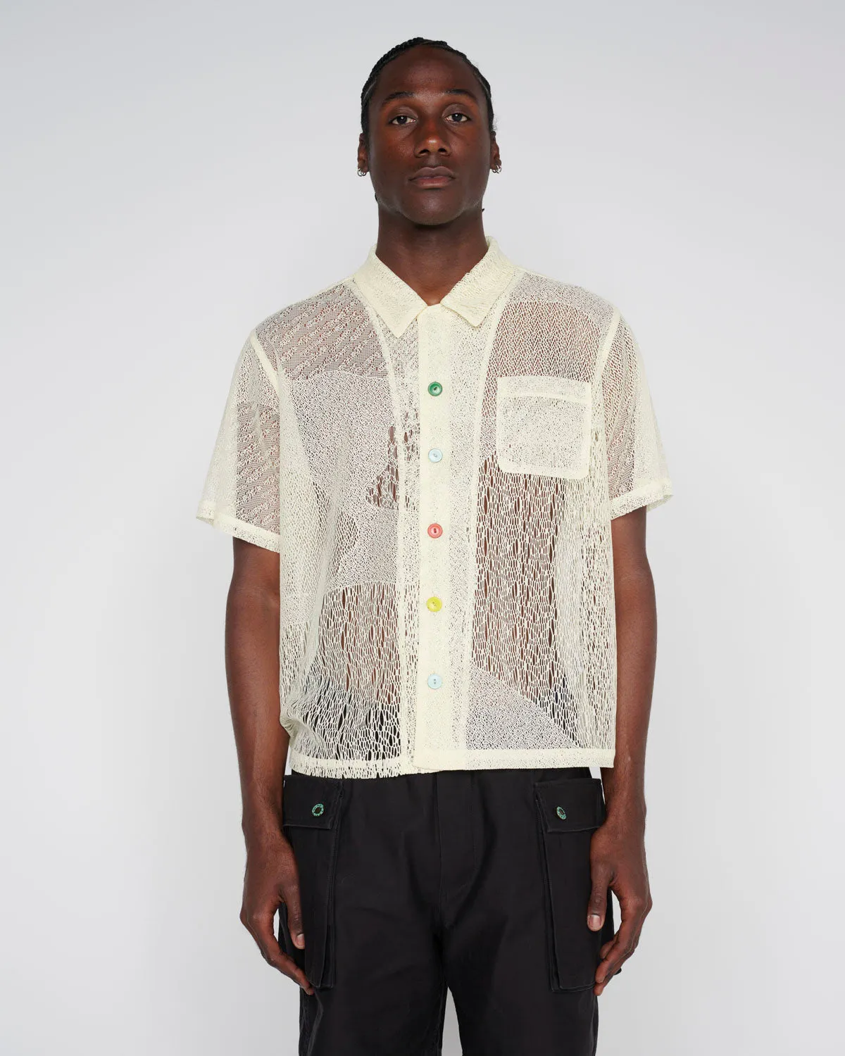 Engineered Mesh Short Sleeve Button Up - Natural