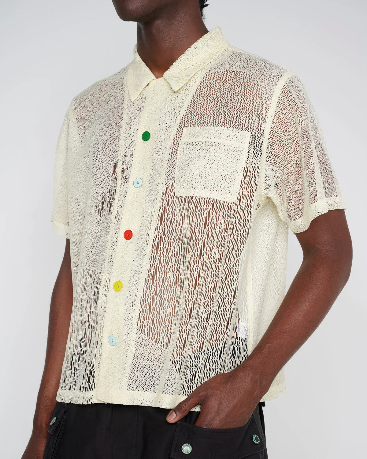 Engineered Mesh Short Sleeve Button Up - Natural