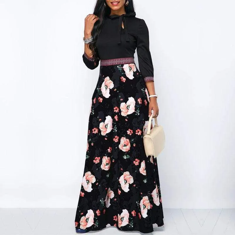 FashionSierra - Women Long Maxi Dresses Boho Floral Hollow Neck Three Quarter Sleeve Ethnic Summer Beach Female Stylish Style Dress