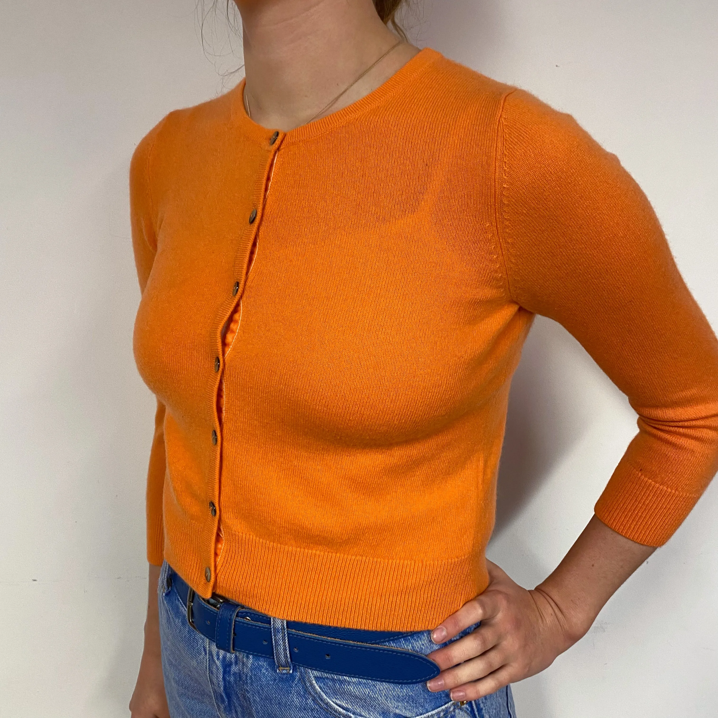 Fiery Orange Cropped Cashmere Crew Neck Cardigan Small