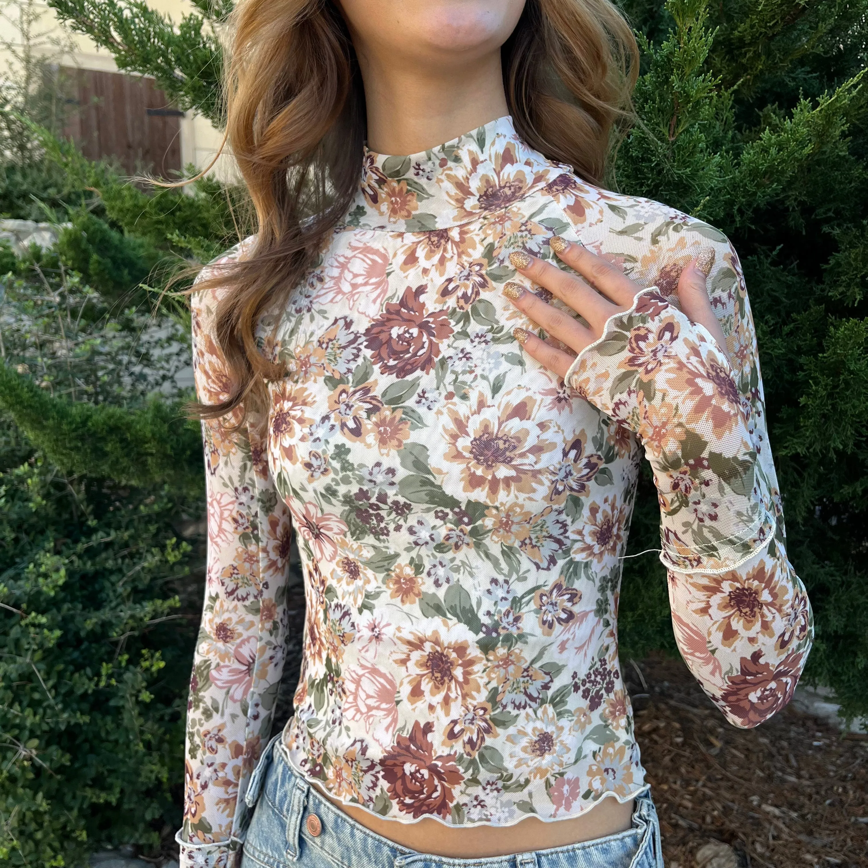 Floral Marvels Mesh Thumbhole High Neck Top