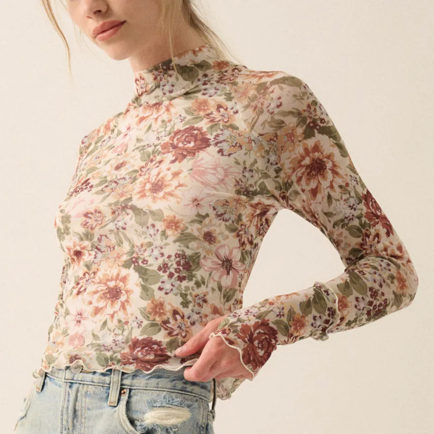 Floral Marvels Mesh Thumbhole High Neck Top