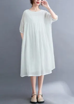 French White O-Neck Patchwork Maxi Dress Short Sleeve LY6087