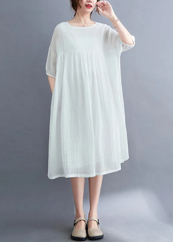 French White O-Neck Patchwork Maxi Dress Short Sleeve LY6087