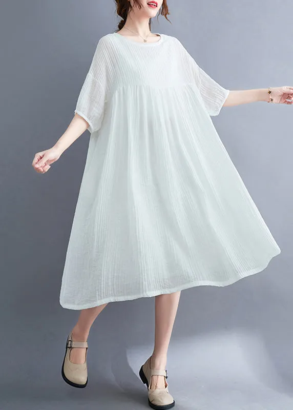 French White O-Neck Patchwork Maxi Dress Short Sleeve LY6087