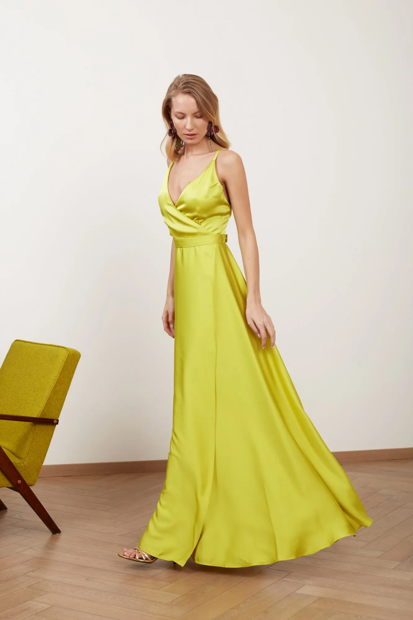 FREYA lime green satin long evening gown