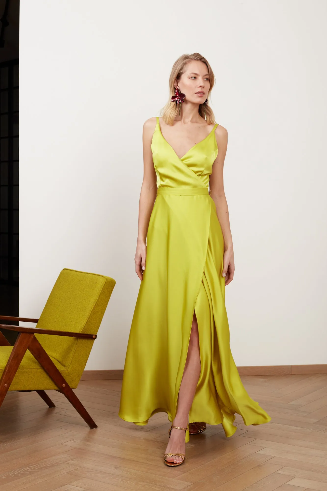 FREYA lime green satin long evening gown