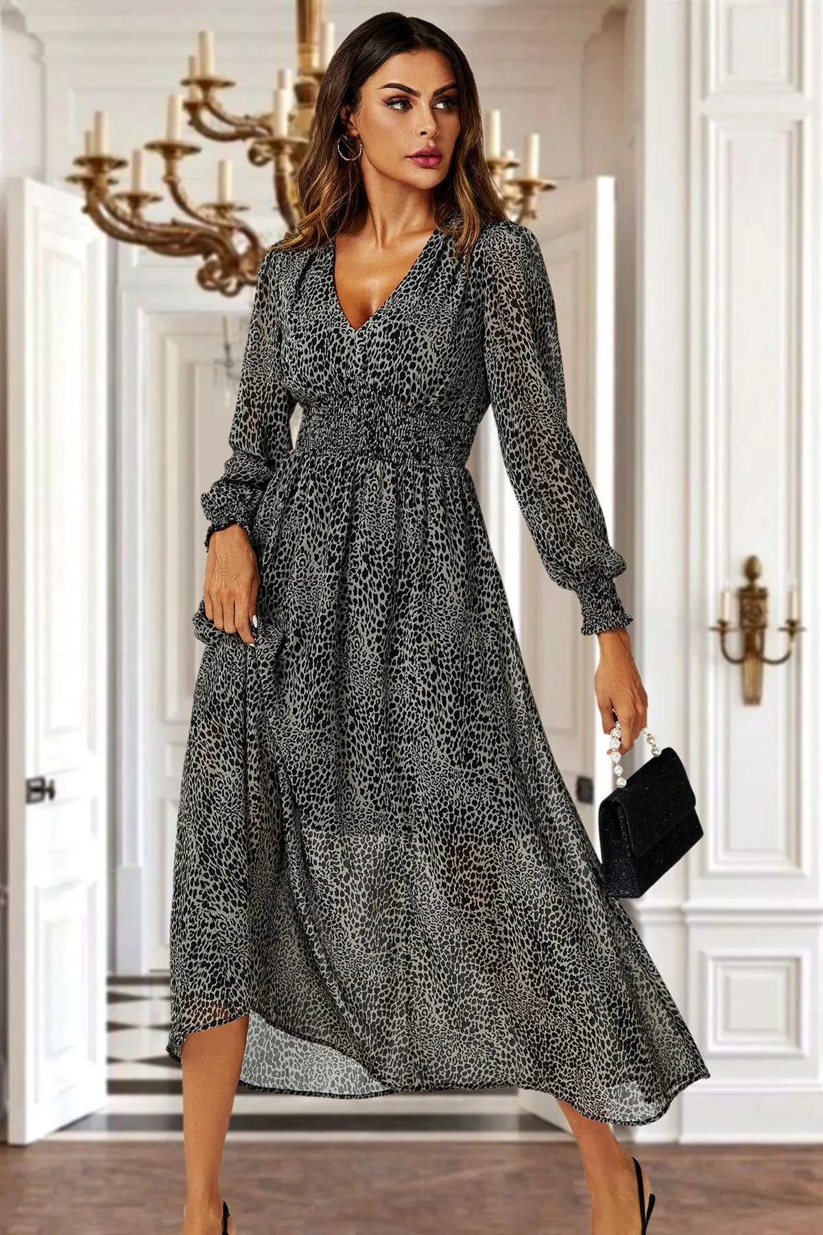 FS Collection Leopard Print Long Sleeve Maxi Dress In Grey