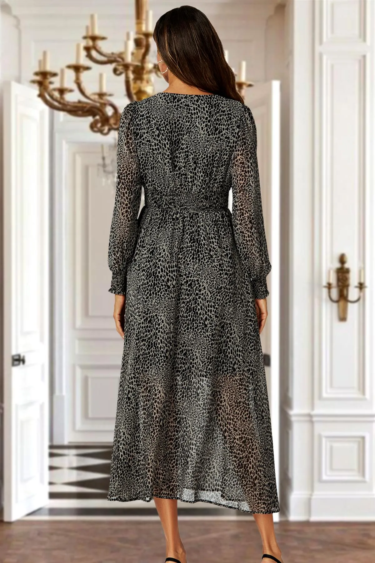 FS Collection Leopard Print Long Sleeve Maxi Dress In Grey