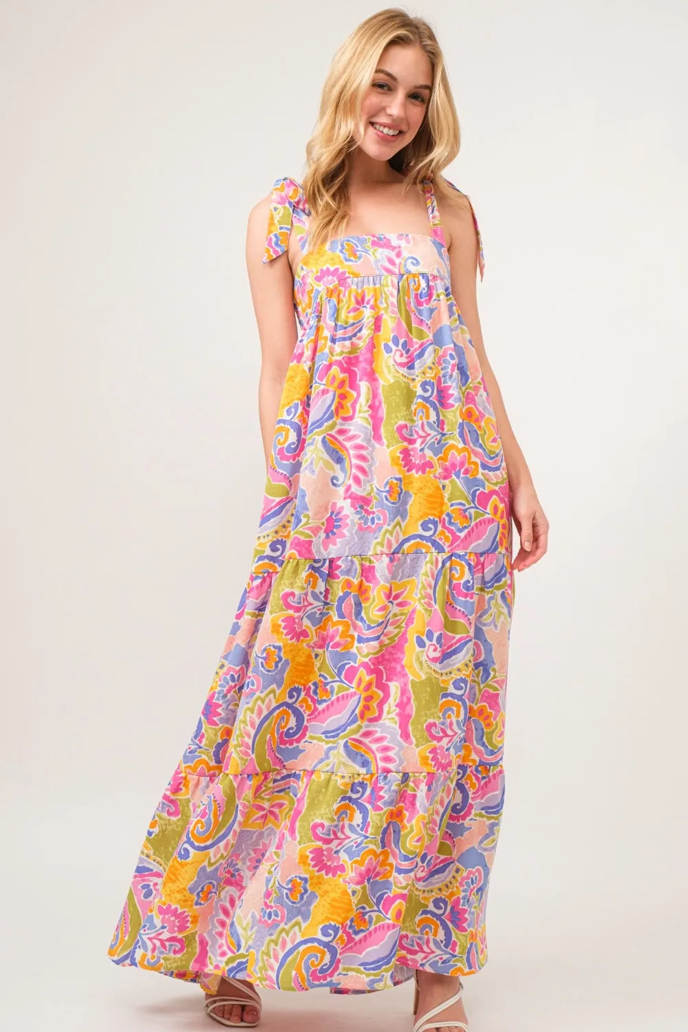 Full Size Printed Tie Shoulder Tiered Maxi Dress