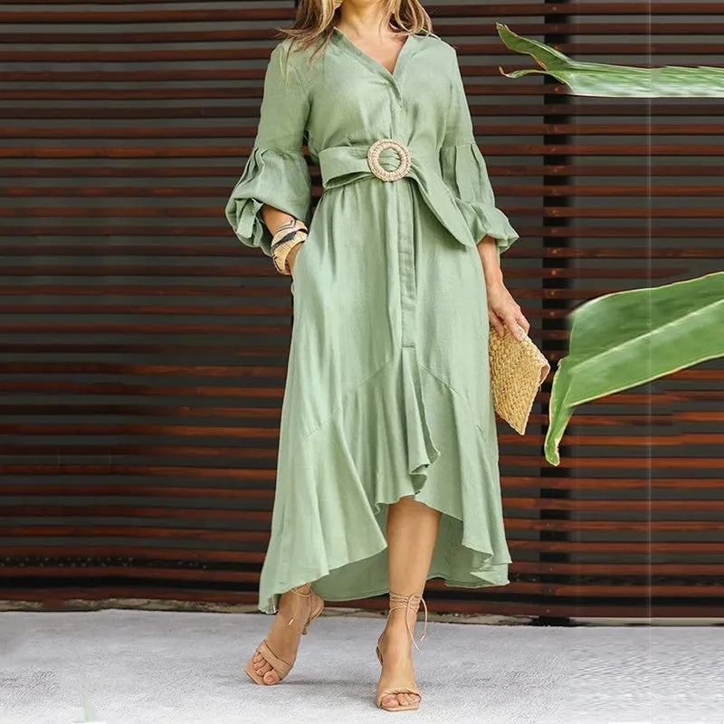 Full Sleeve V-Neck Lapel Pocket Long Dress