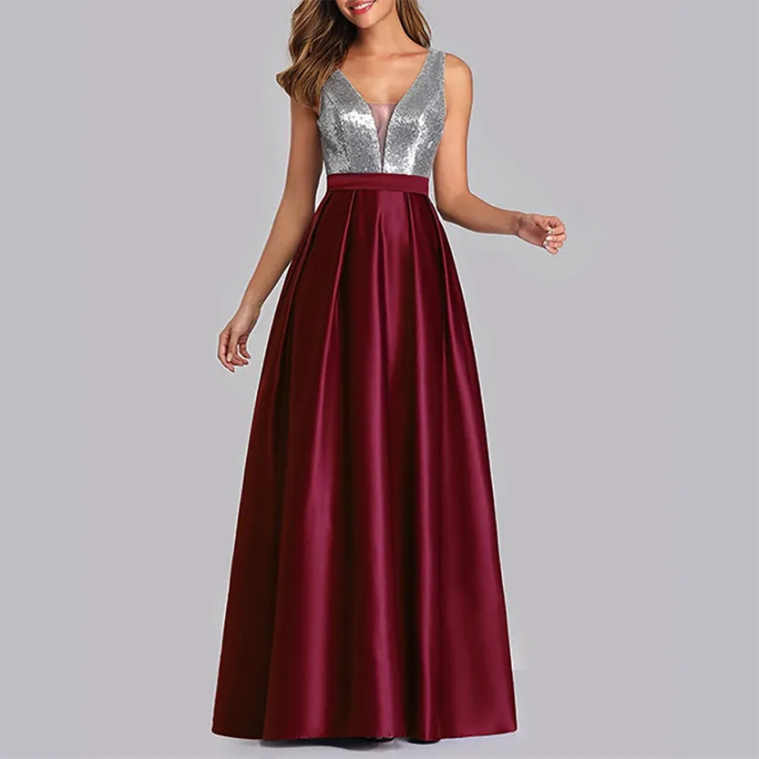 Funki Buys | Dresses | Women's Sequin Satin Evening Dress