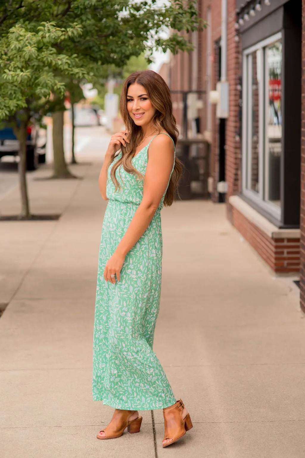 Geo Leaves Thin Strapped Maxi Dress