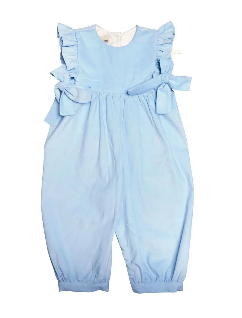 Girl's Blue Corduroy Romper With Bows