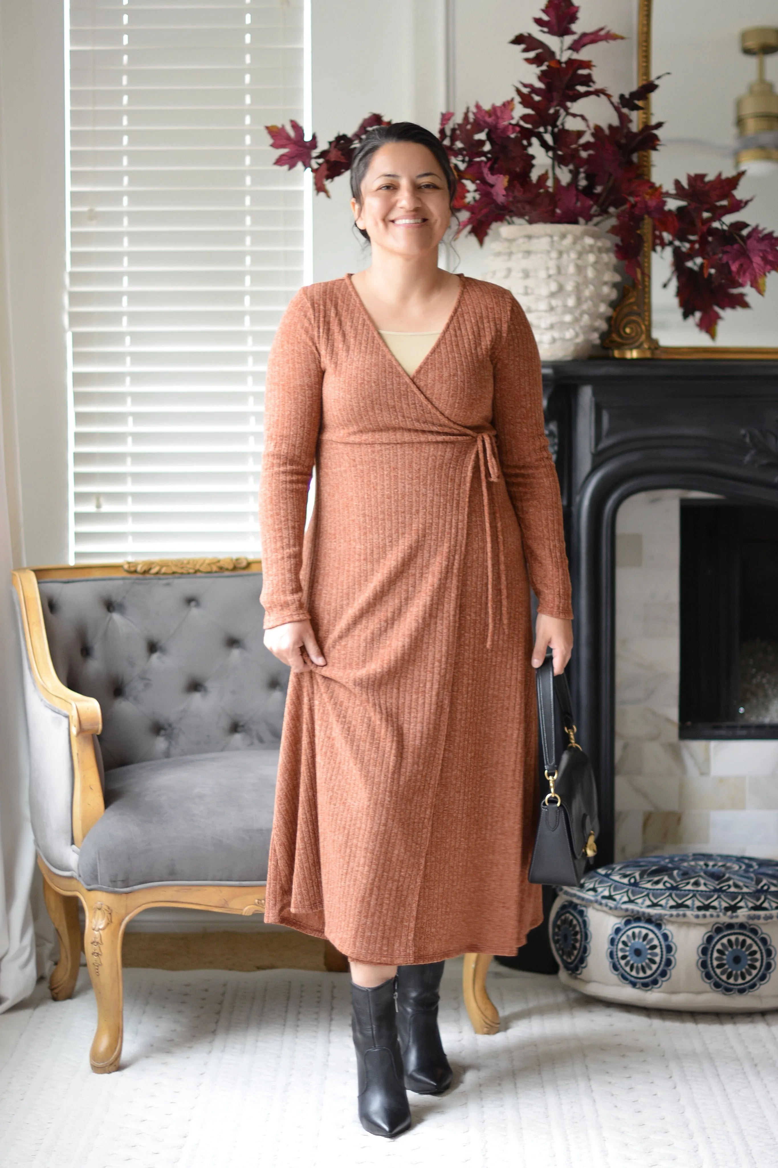 Gissi Rust Ribbed Wrap Dress