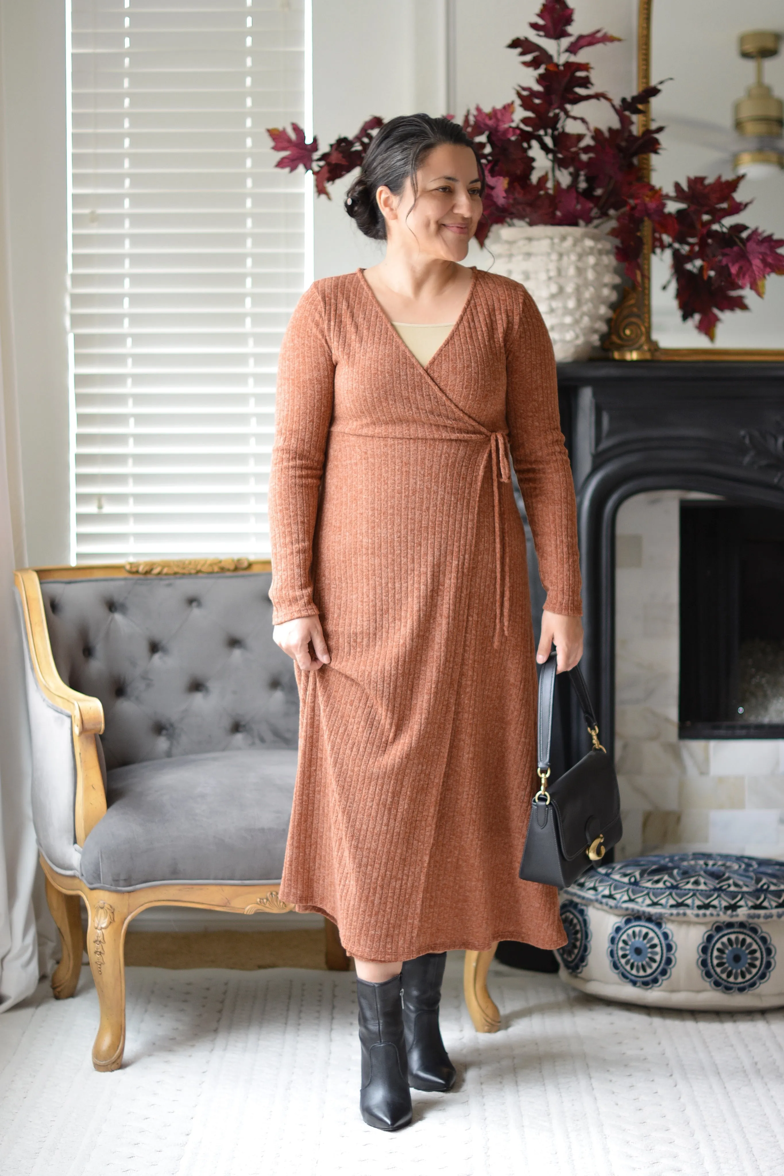 Gissi Rust Ribbed Wrap Dress