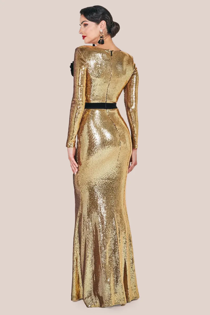 Goddiva Liquid Sequin Corsage Maxi Dress