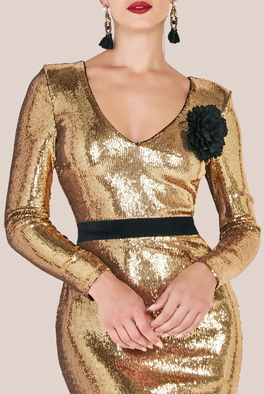 Goddiva Liquid Sequin Corsage Maxi Dress