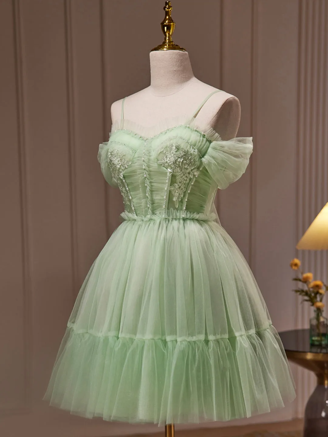 Green Tulle Lace Short Prom Dress, Cute Homecoming Dress, Green Party Dress