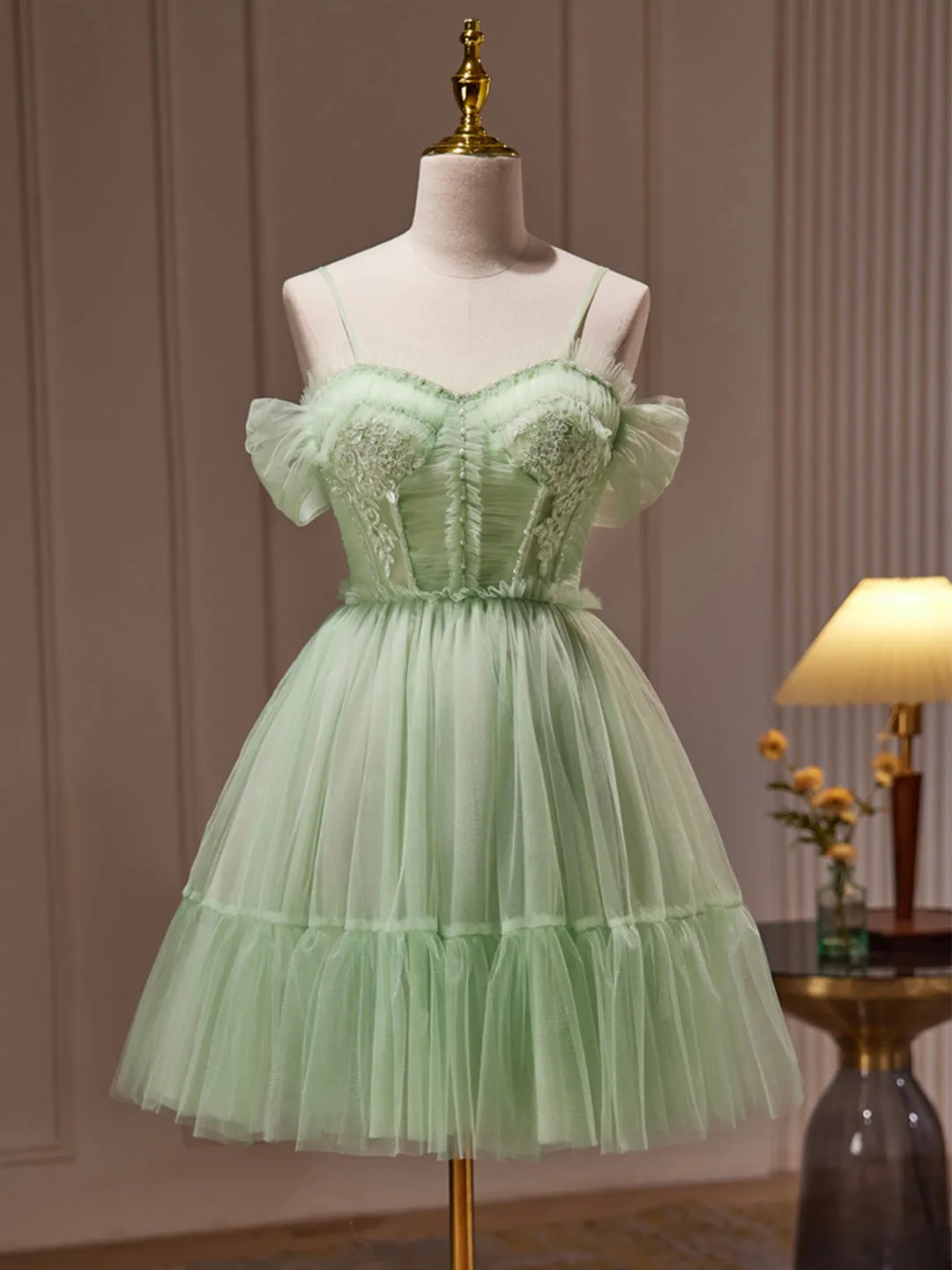 Green Tulle Lace Short Prom Dress, Cute Homecoming Dress, Green Party Dress