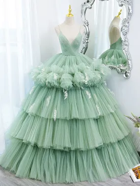 Green V Neck Tulle Long Prom Dresses,  Ball Gown Green Sweet 16 Dresses