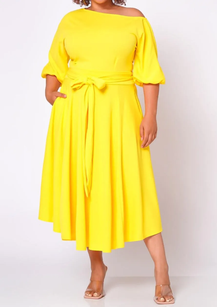 Hi Curvy Plus Size Women Flare Maxi Dress With Pockets & Belt