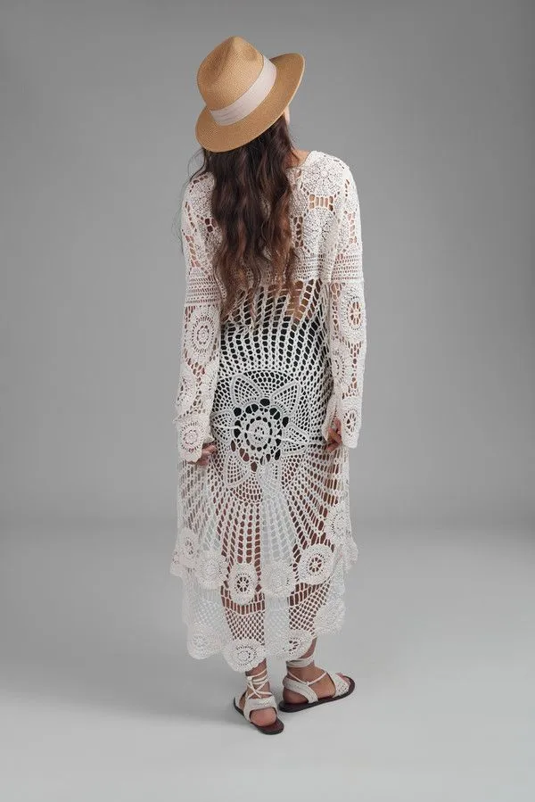 High Low Long Sleeve Crochet Cover Up