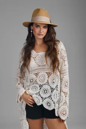 High Low Long Sleeve Crochet Cover Up