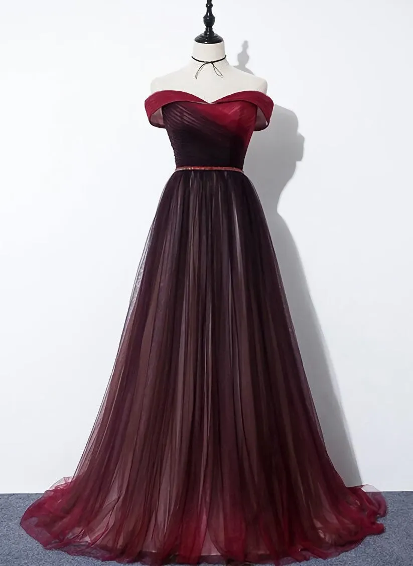 High Quality Gradient Dark Red Sweetheart Long Prom Dress, Tulle Evening Dress