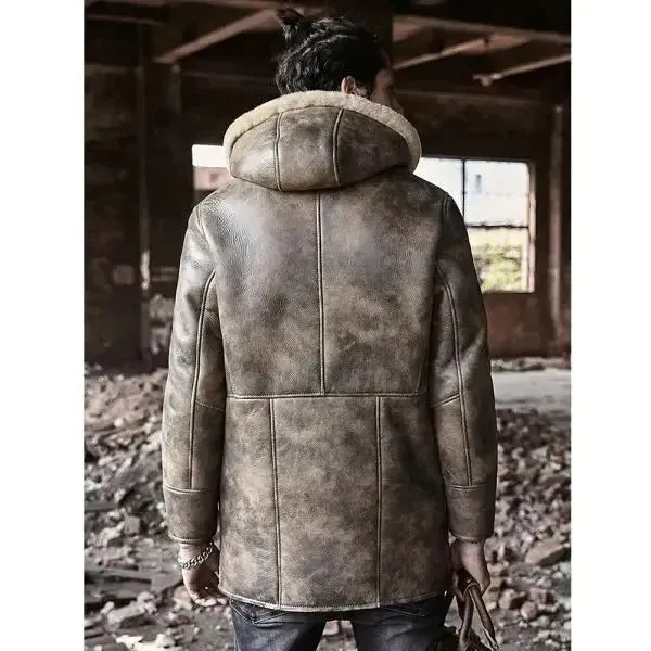 Hooded Men's Waxed Sheepskin Fur Coat